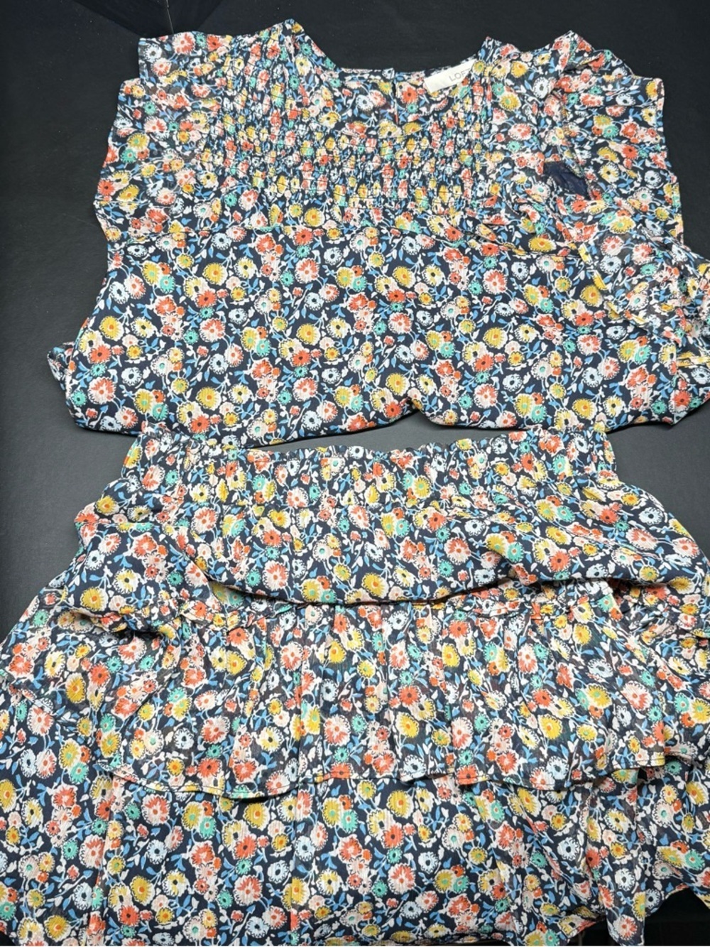LOFT Navy Floral Blouse and skirt with Coral, Yellow & Teal Accents - Picture 1 of 5